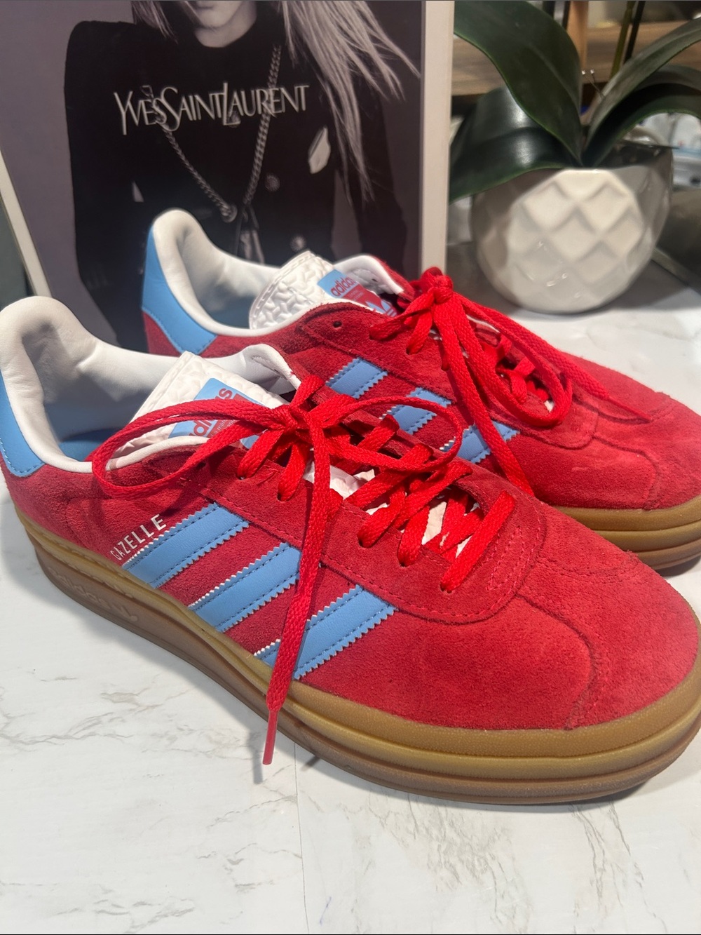 adidas Red Suede Sneakers with Light Blue Stripes
